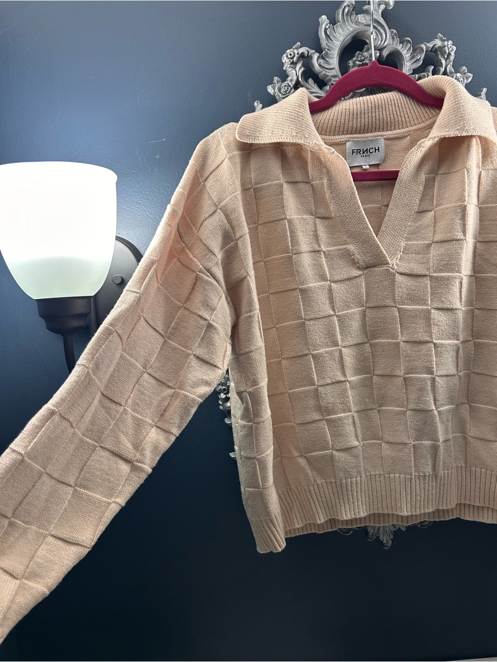 FRNCH Soft Beige V-Neck Collared Knit Sweater - Picture 3 of 4